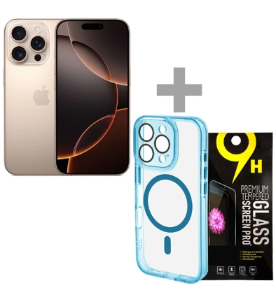 Apple iPhone 16 Pro A3083 eSIM 128GB 8GB RAM de 6.3" - Desert Titanium + Capinha MagSafe 3 Azul + Película