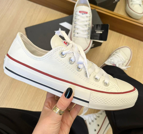 All Star Cano Baixo Corino Branco (Listra Vermelha) - Atacado Feminino (Caixa Fechada)