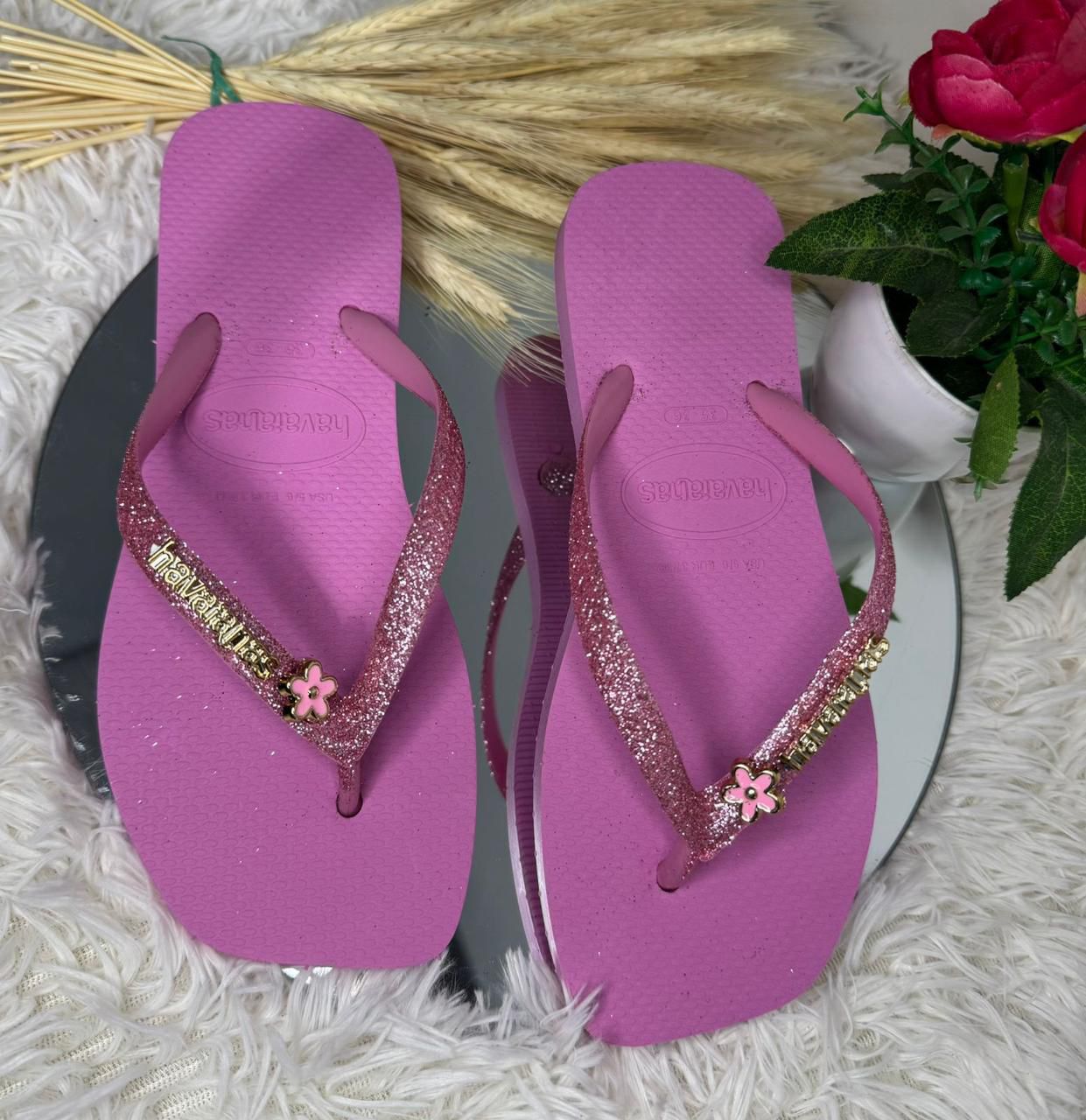 Chinelo Havaianas Slim Glitter com Aplique de Flor - Atacado 12 Pares