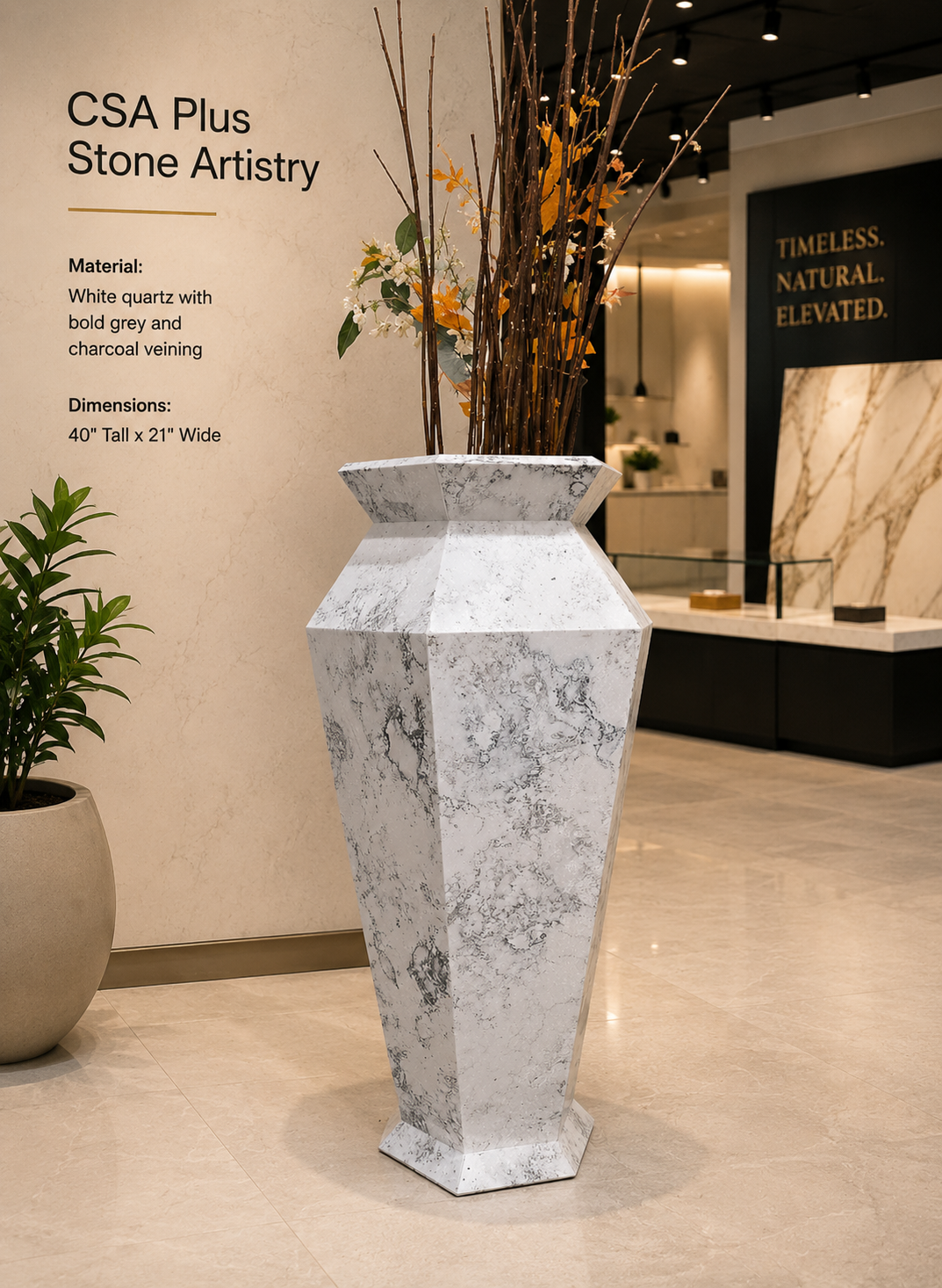 Decorative Floor Vase in White and Grey Quartz