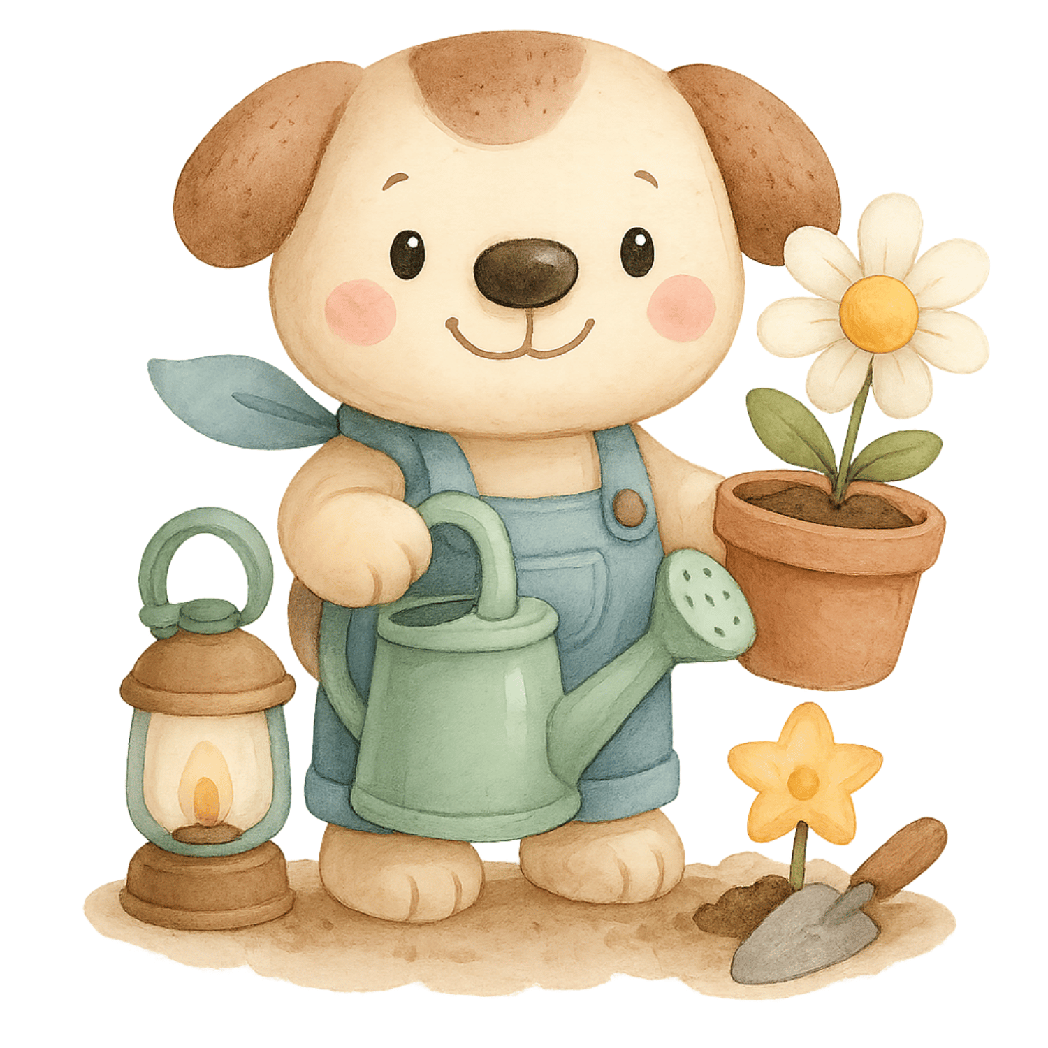 Free Cute Puppy Gardener Clipart with Watering Can, Potted Flower & Tools (PNG, 300 DPI)