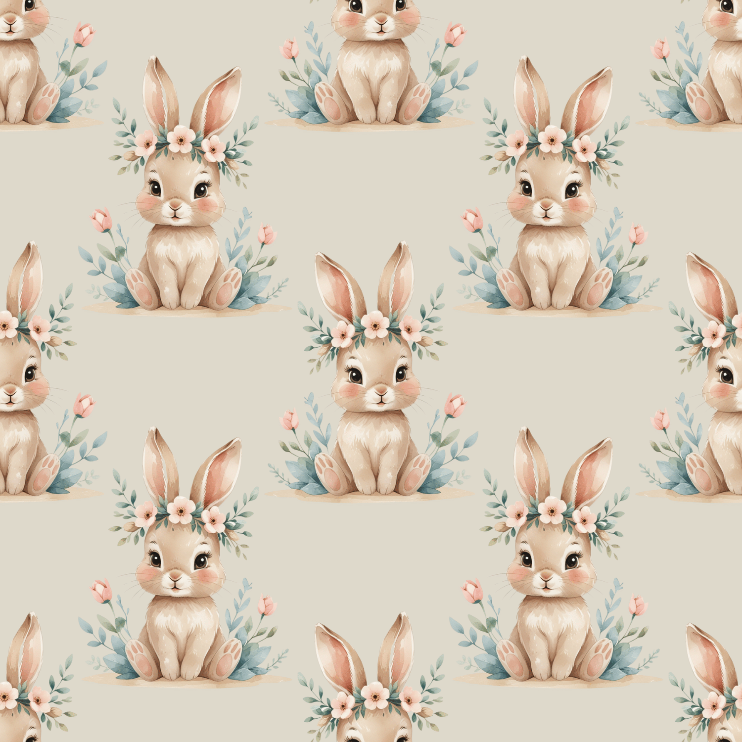 FREE Watercolor Bunny with Floral Wreath Seamless Pattern