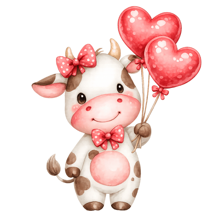 Free Watercolor Valentine Cow with Heart Balloons Clipart