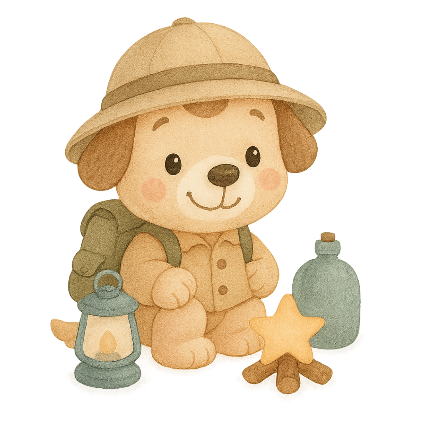 Free Cute Puppy Explorer Clipart with Safari Hat, Lantern & Campfire (PNG, 300 DPI)