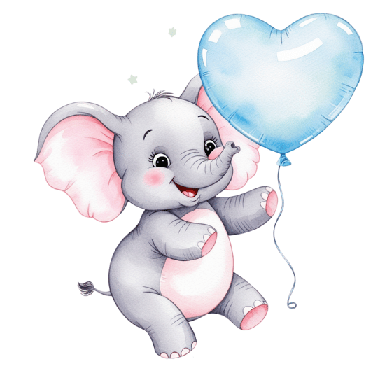 Free Watercolor Baby Elephant with Heart Balloon Clipart