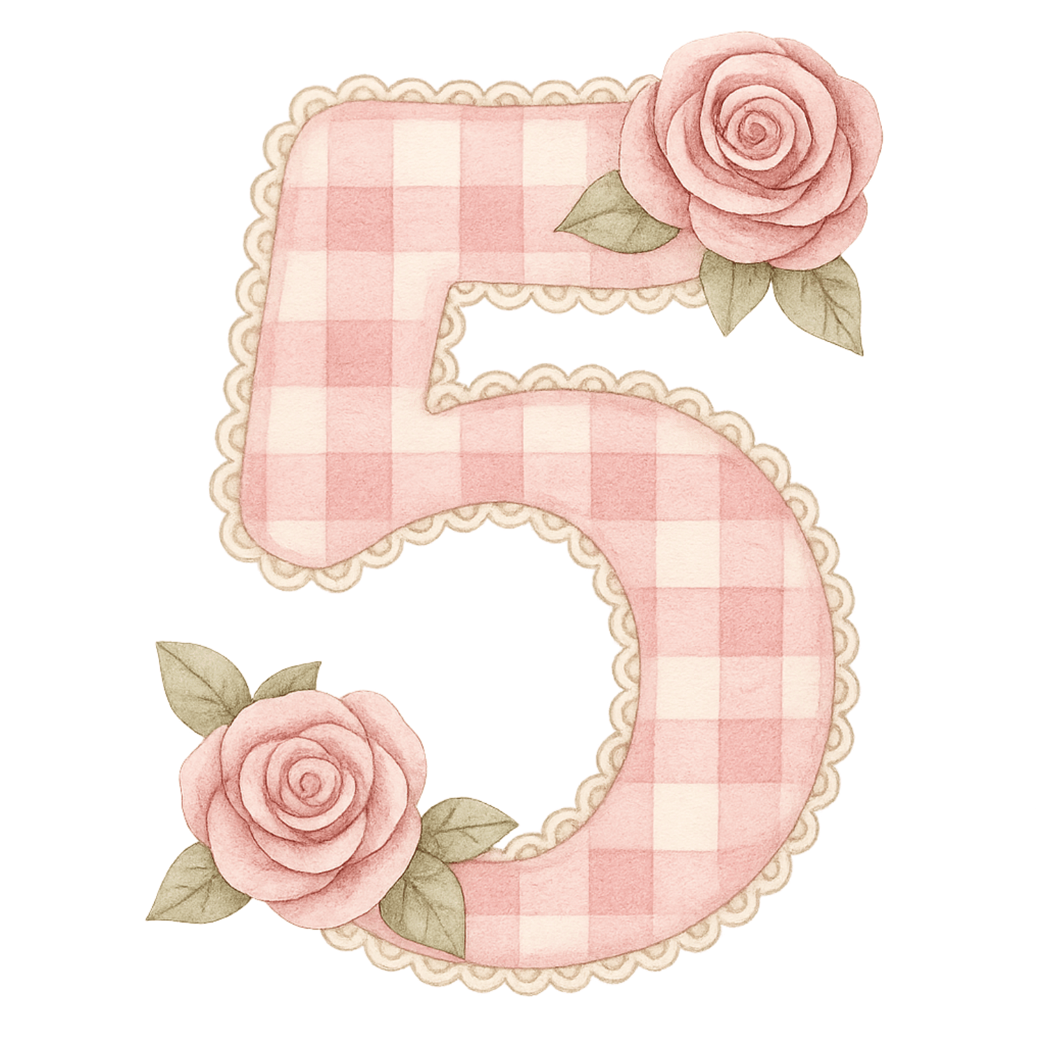 Free Pink Gingham Number 5 Clipart with Roses (PNG, 300 DPI)