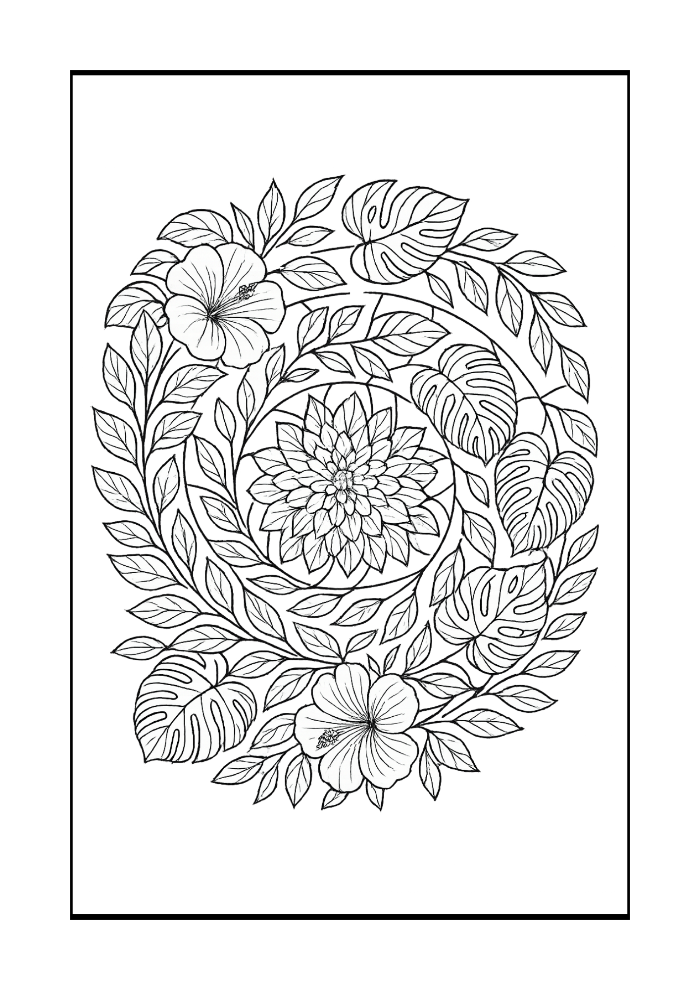 Free Tropical Hibiscus, Monstera & Dahlia Coloring Pages Set (PDF, 300 DPI)