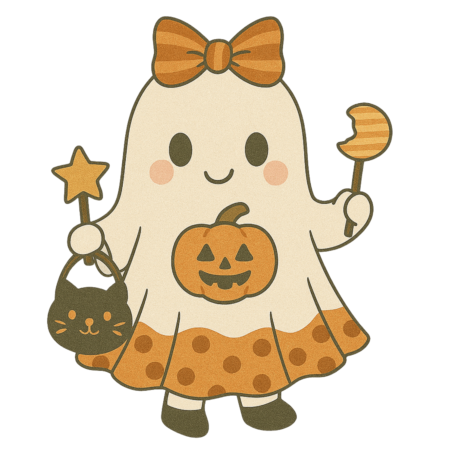 Free Kawaii Ghost Girl with Cat Purse Clipart (PNG, 300 DPI)