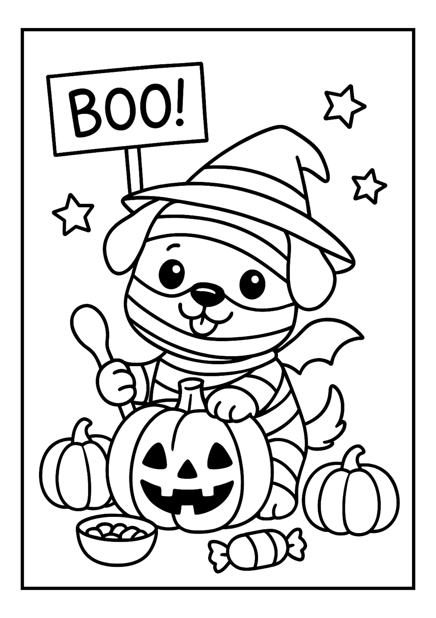 Free Halloween Puppy Coloring Pages – Cute Dog with Pumpkins (PDF, 300 DPI)