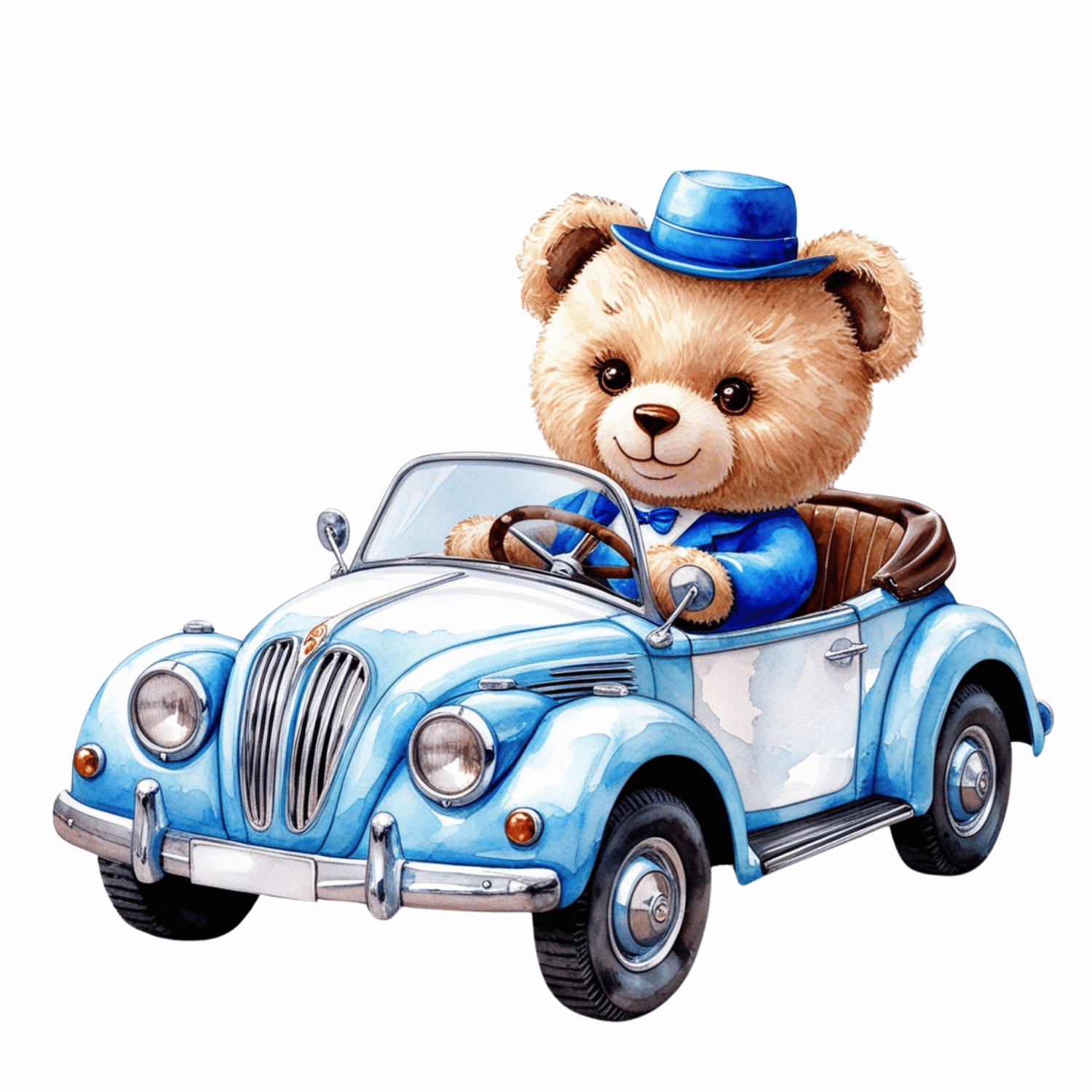 Dapper Bear in Blue Vintage Car - Watercolor Clipart