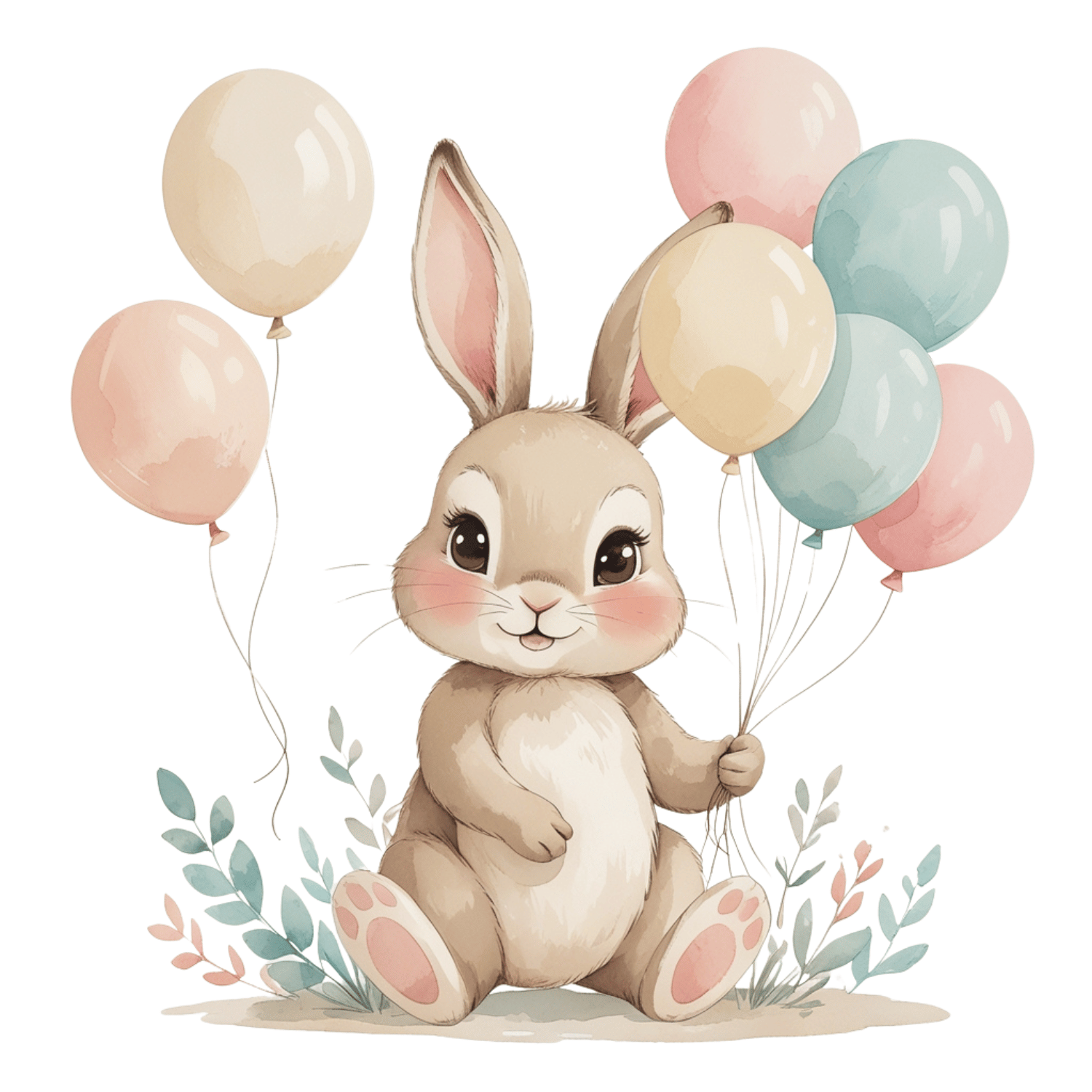 Free Watercolor Bunny with Pastel Balloons Clipart