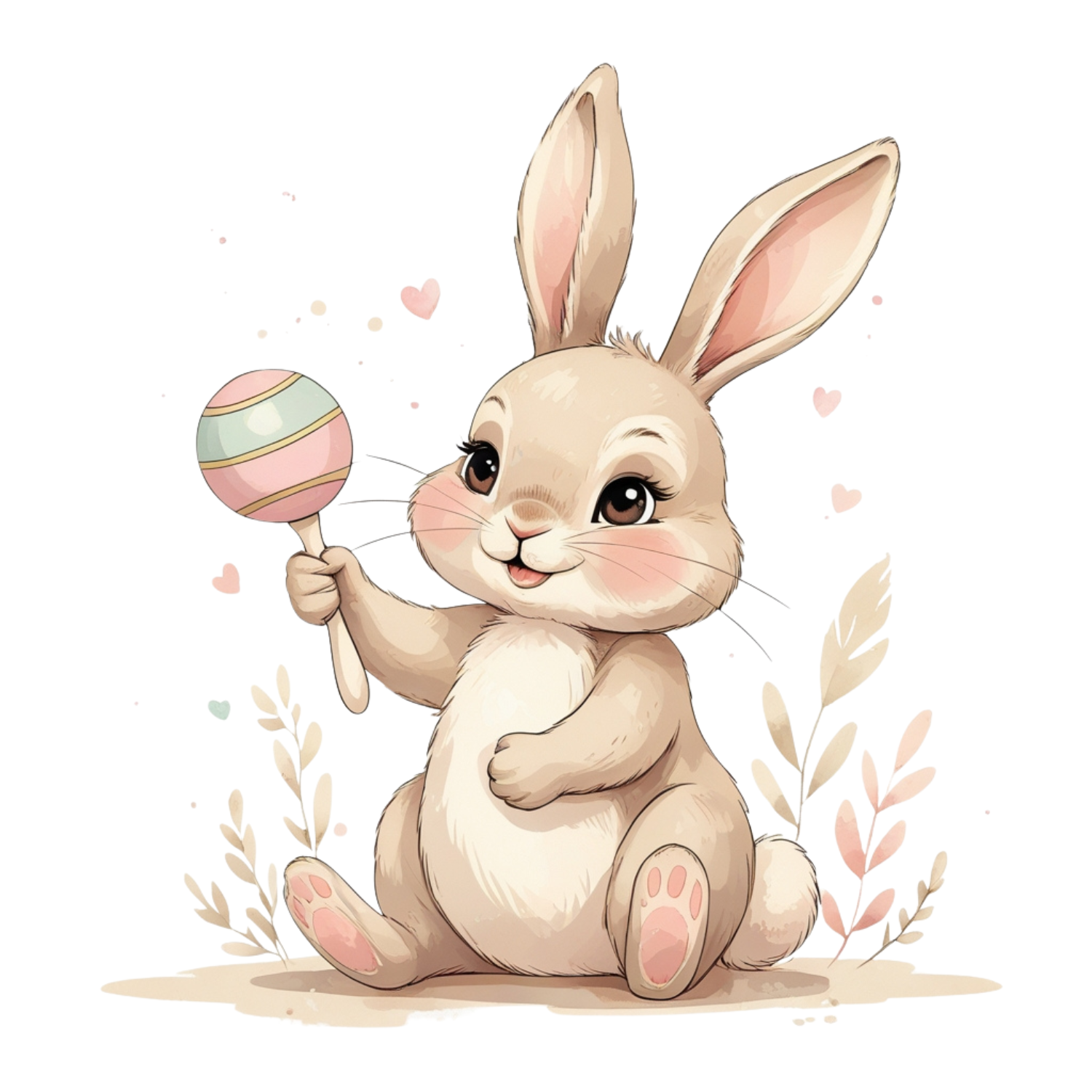 Watercolor Baby Bunny with Rattle