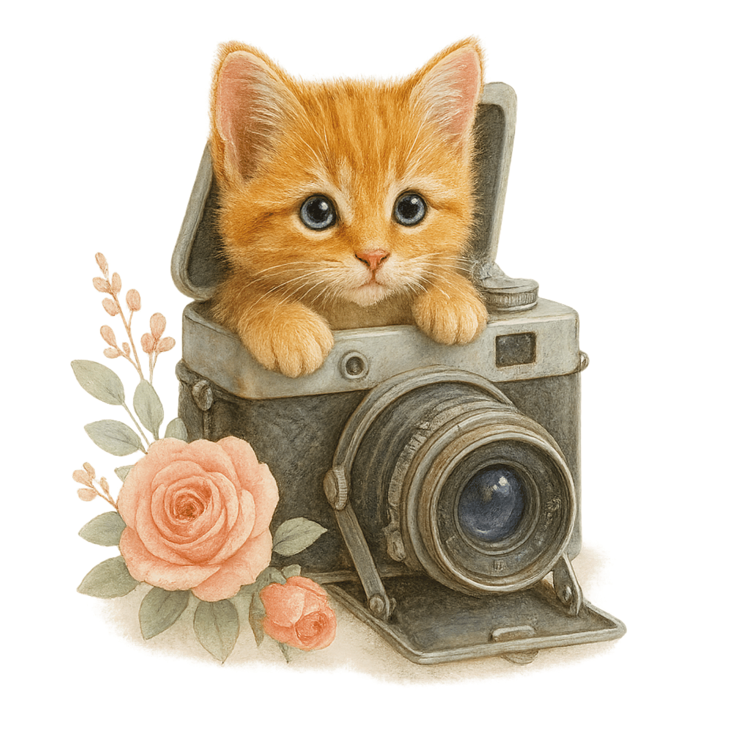 Free Watercolor Ginger Kitten in Vintage Camera Clipart (PNG, 300 DPI)
