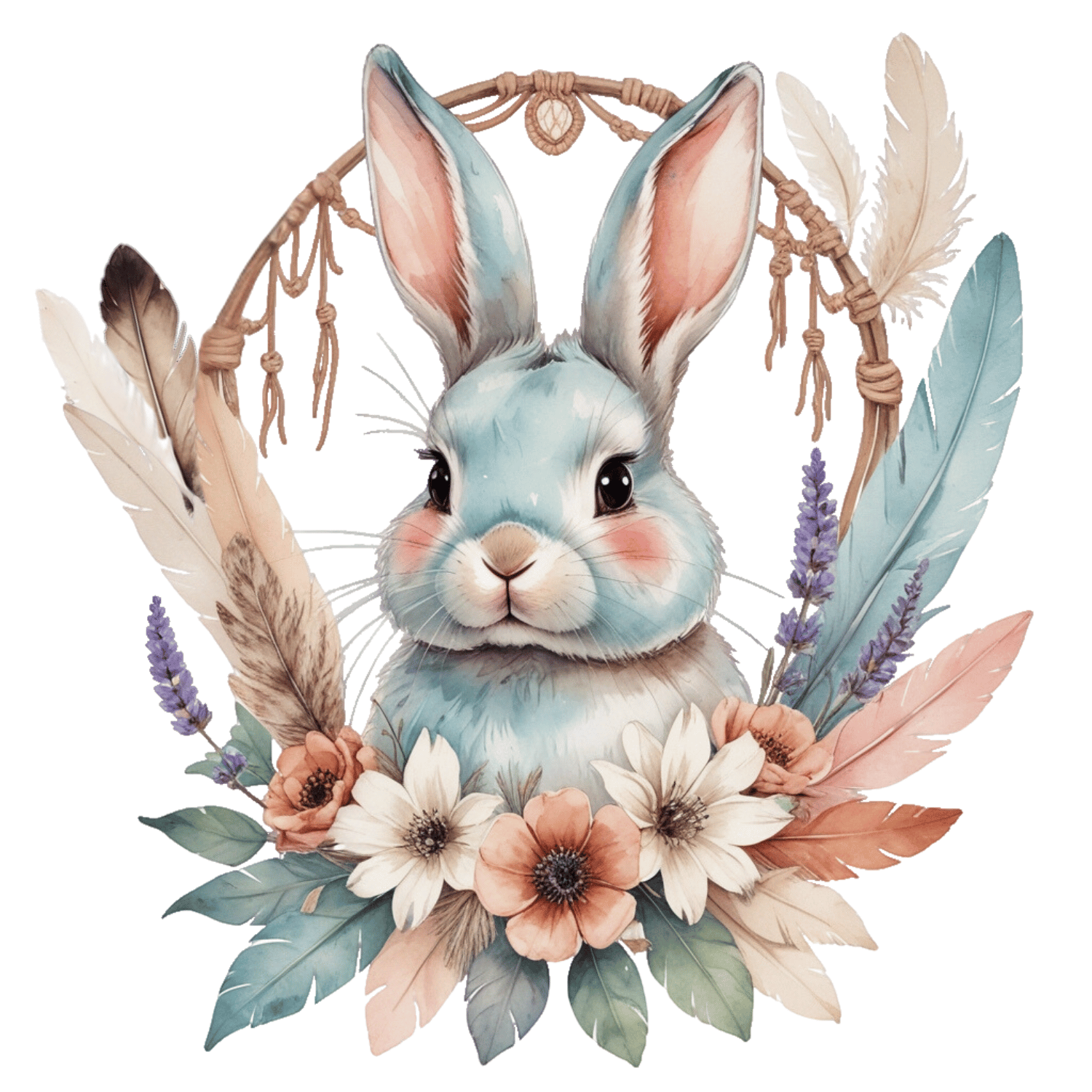 Free Boho Blue Bunny Wreath Clipart with Feathers & Flowers (PNG, 300 DPI)