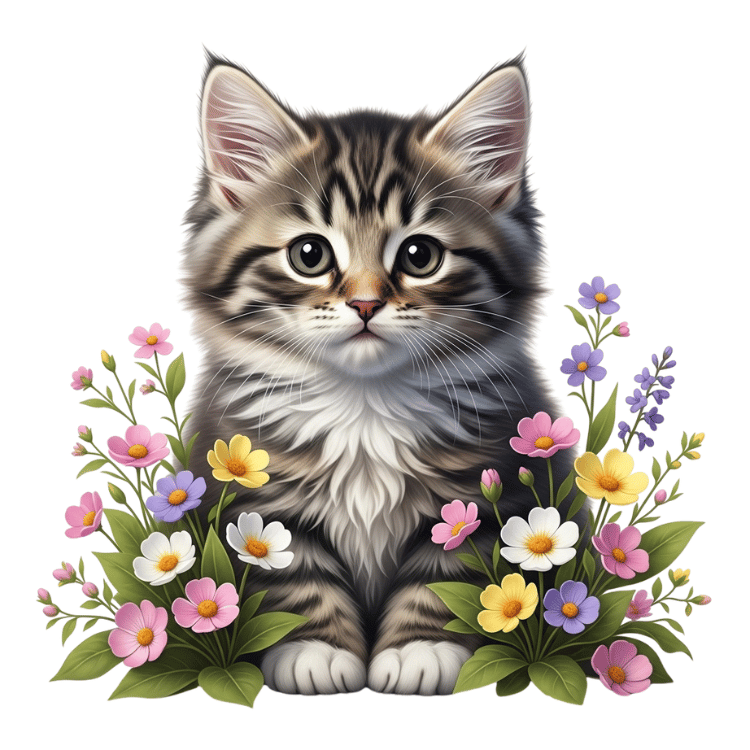 Free Watercolor Tabby Kitten with Wildflowers Clipart