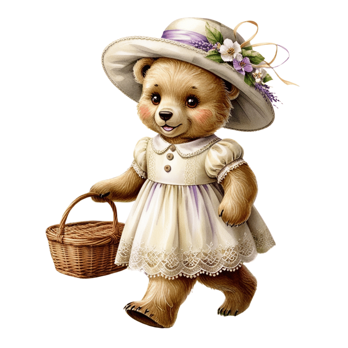 Free Vintage Teddy Bear Girl with Basket Clipart