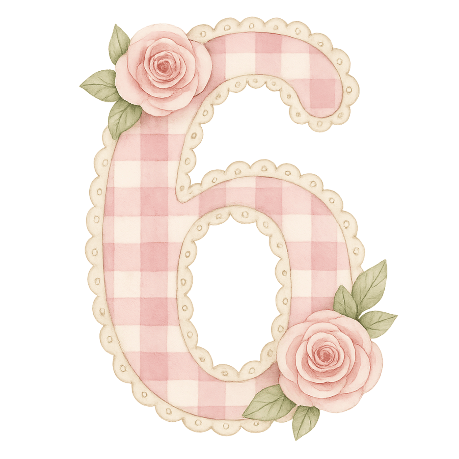 Free Pink Gingham Number 6 Clipart with Roses (PNG, 300 DPI)