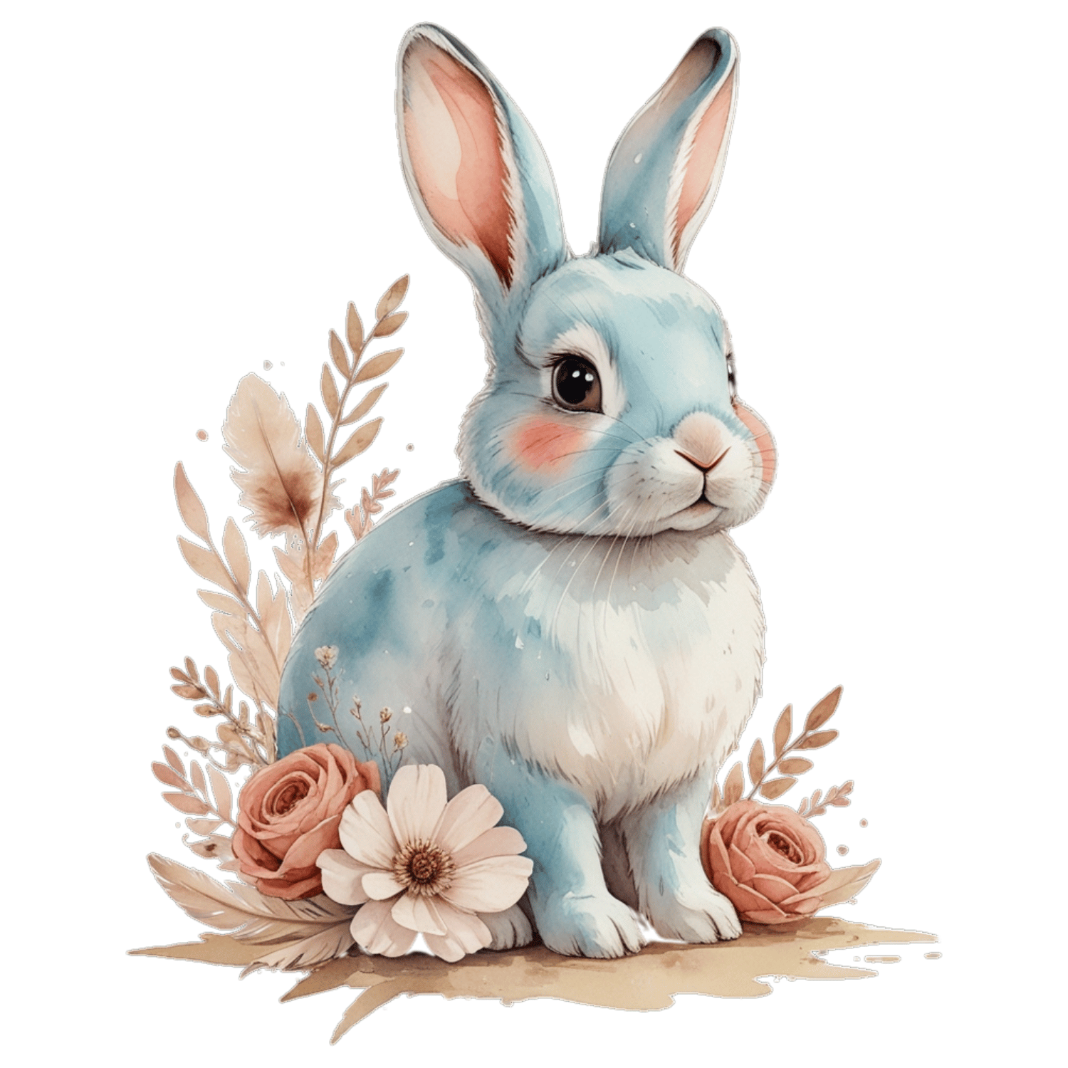 Free Boho Blue Bunny Clipart with Roses & Dried Leaves (PNG, 300 DPI)