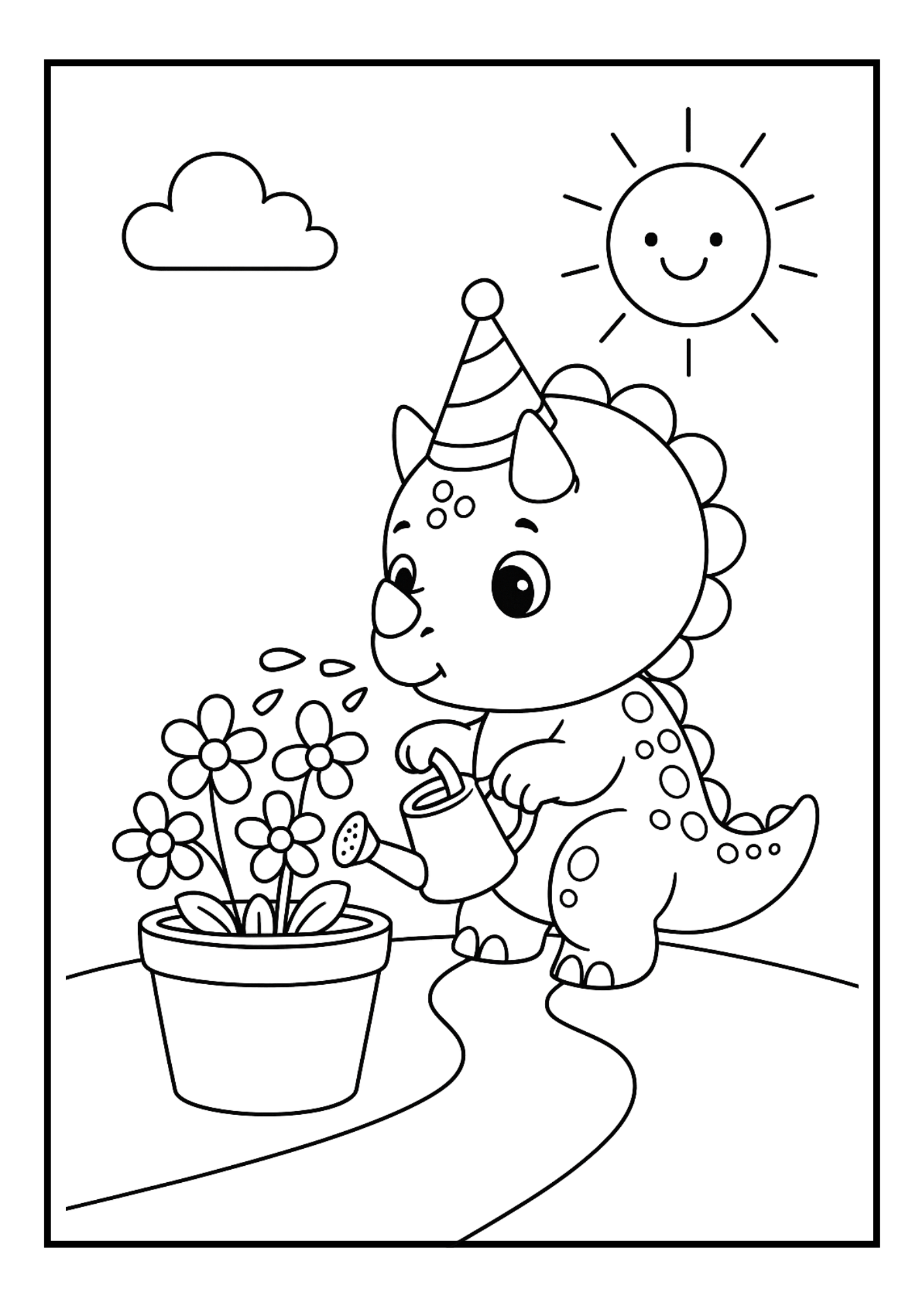 Free Cute Triceratops Birthday Coloring Pages Set (PDF, 300 DPI)