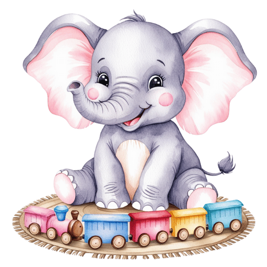Free Watercolor Baby Elephant with Toy Train Clipart