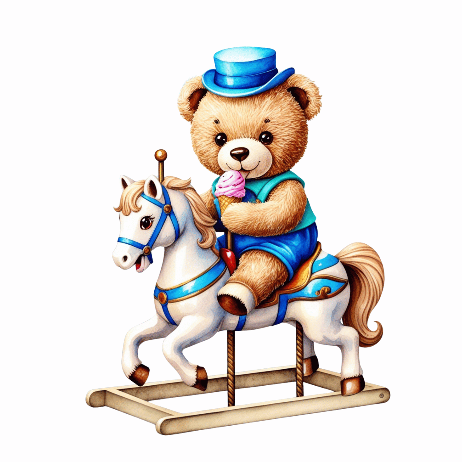 Bear on Rocking Horse (Blue Outfit) – Watercolor Clipart (PNG, 300 DPI)