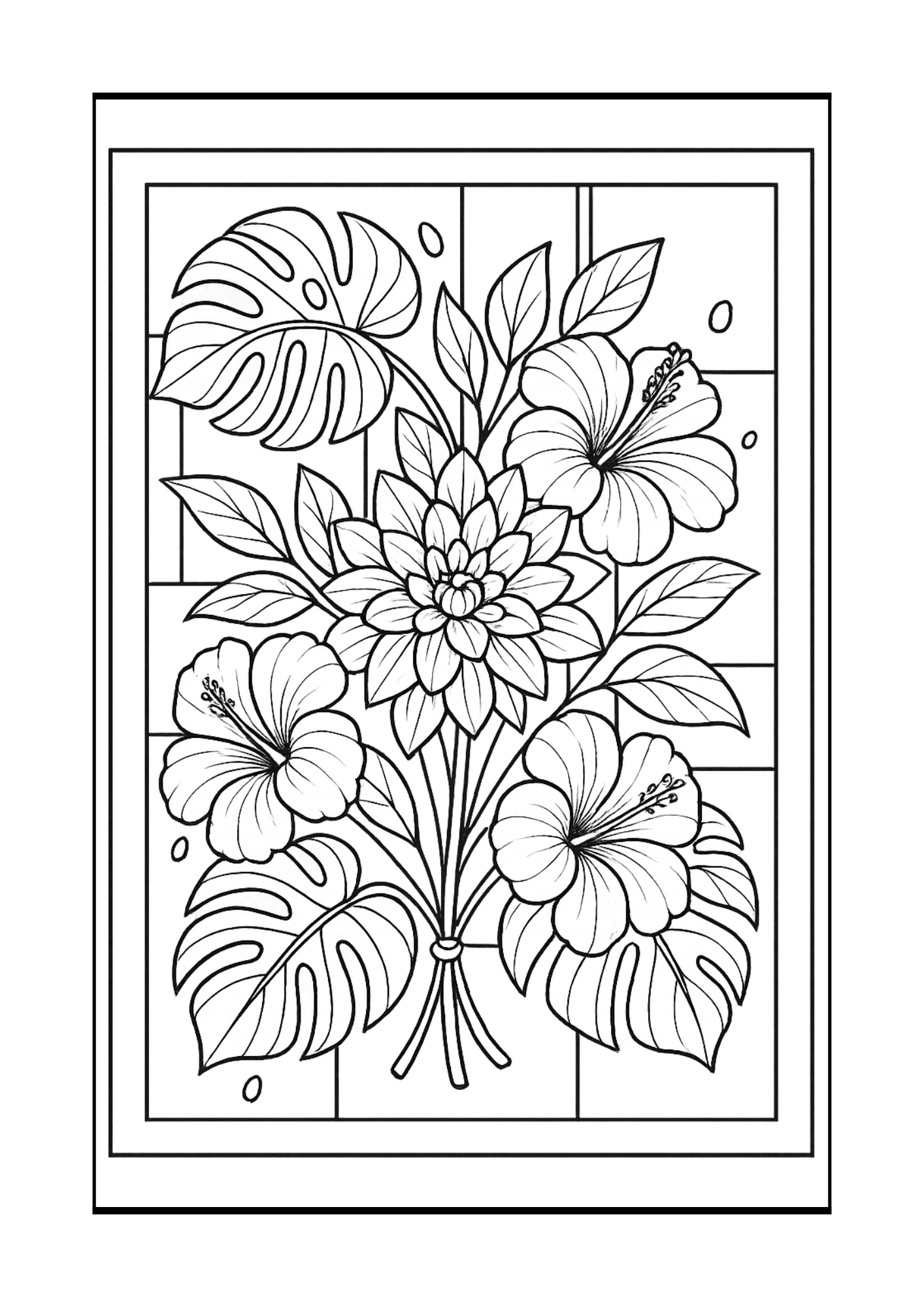 Free Tropical Hibiscus, Monstera & Dahlia Coloring Pages Set (PDF, 300 DPI)