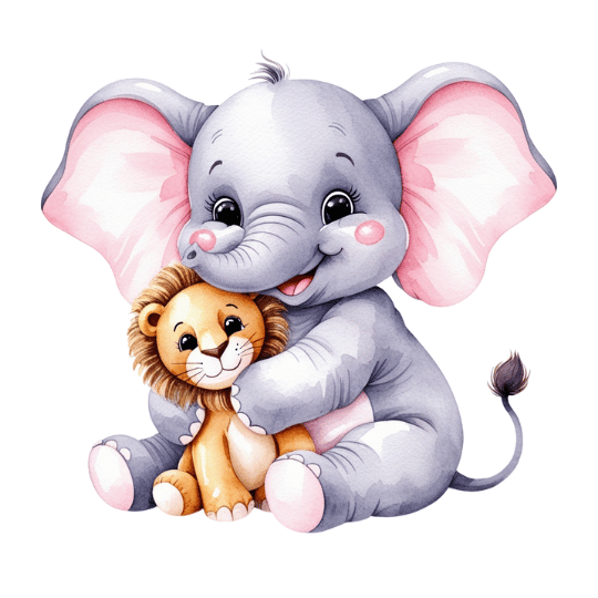 Free Watercolor Baby Elephant Hugging Lion Plush Clipart