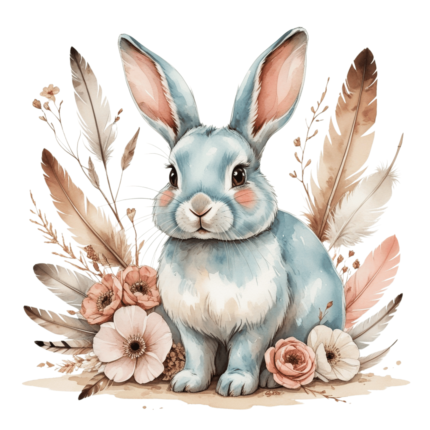 Free Boho Blue Bunny with Feathers & Florals Clipart (PNG, 300 DPI)
