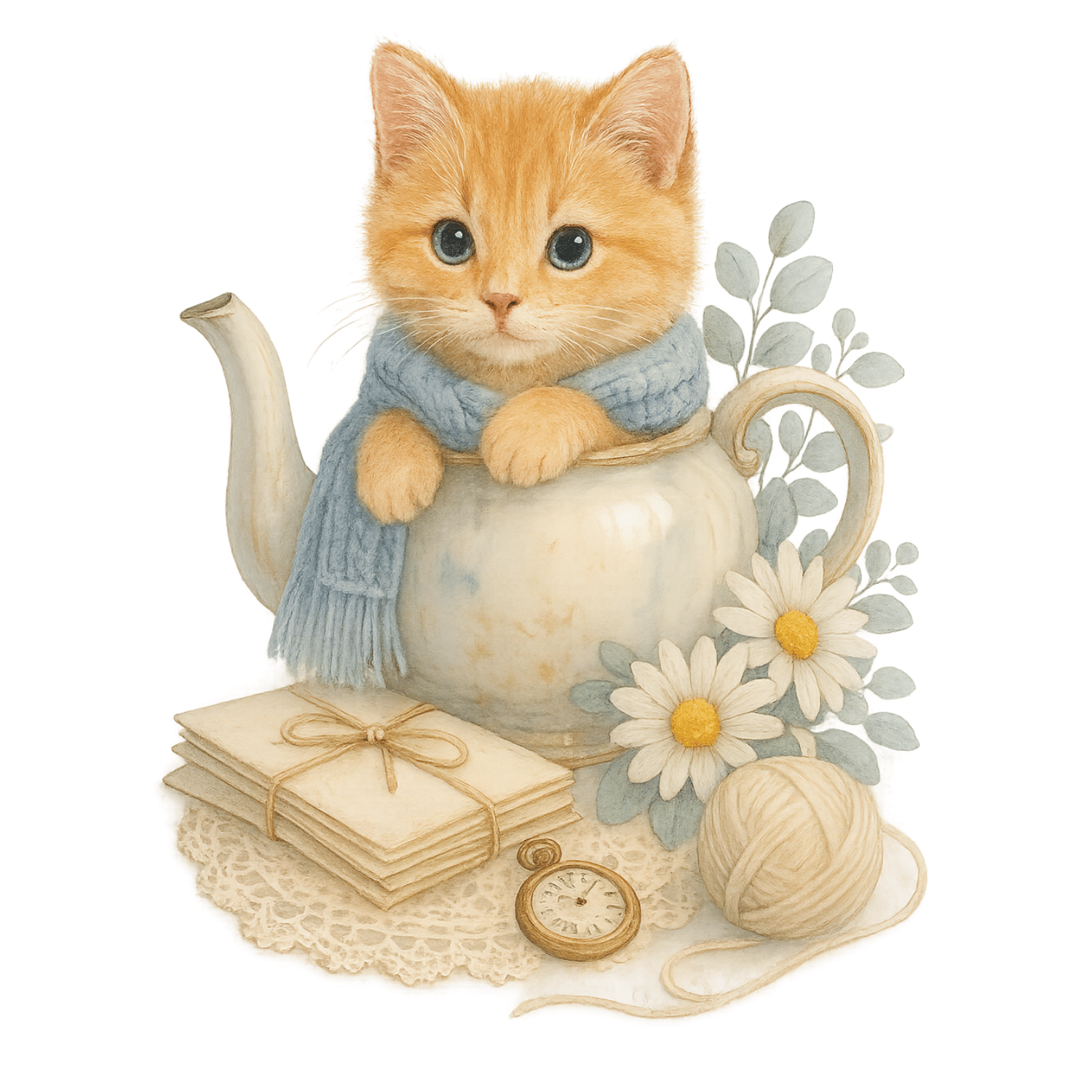 Free Watercolor Ginger Kitten in Vintage Teapot Clipart (PNG, 300 DPI)