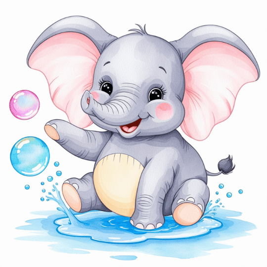 Free Watercolor Baby Elephant Splashing in Water Clipart