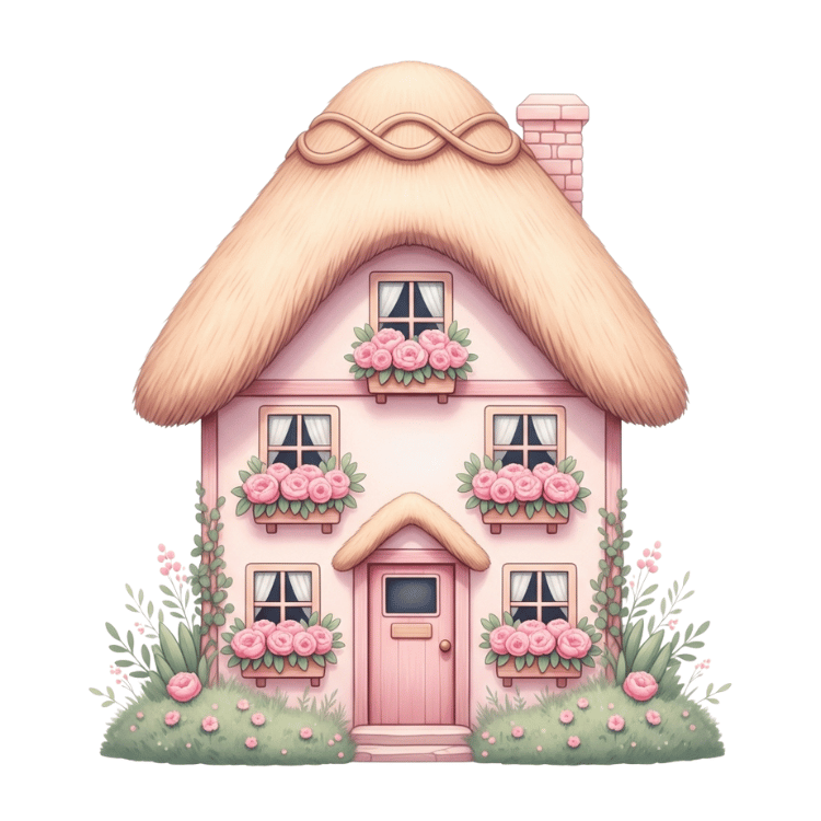 Free Cute Pink Cottage House Clipart with Roses
