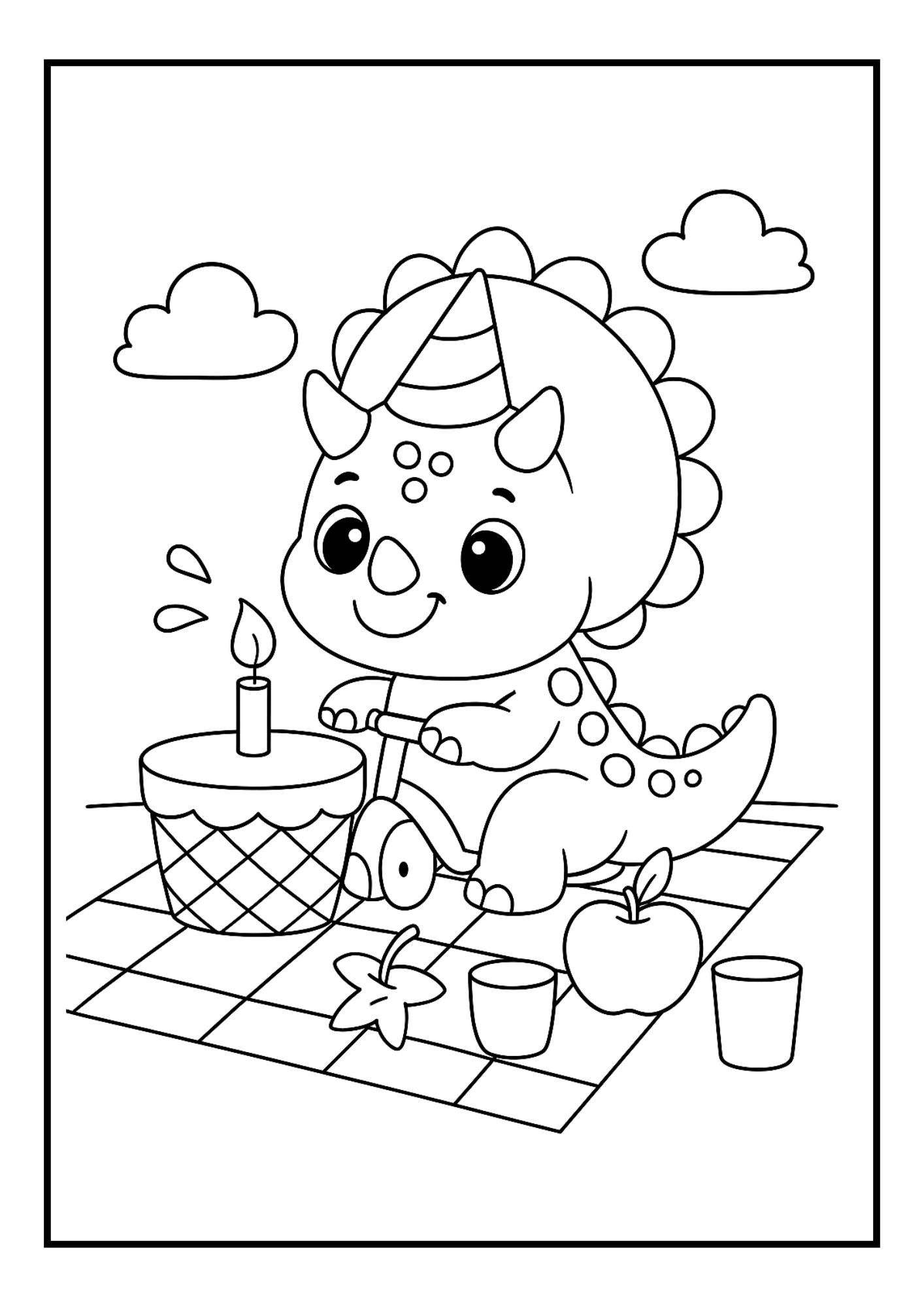 Free Cute Triceratops Birthday Coloring Pages Set (PDF, 300 DPI)