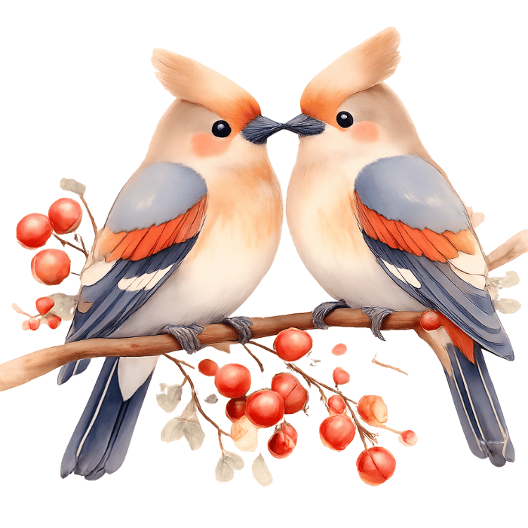 Free Watercolor Cute Love Birds Clipart with Berries