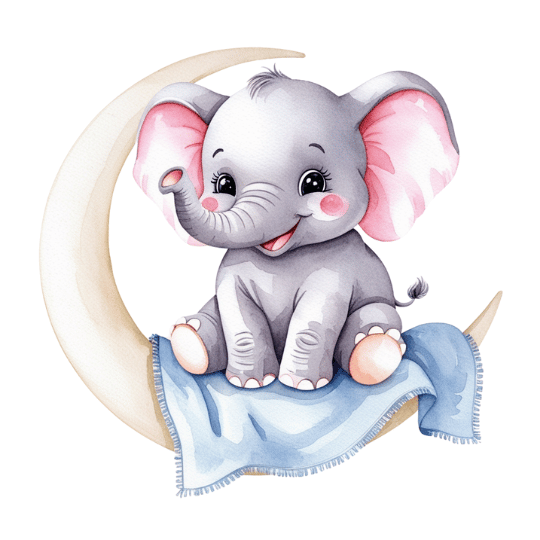 Free Watercolor Baby Elephant on Crescent Moon Clipart