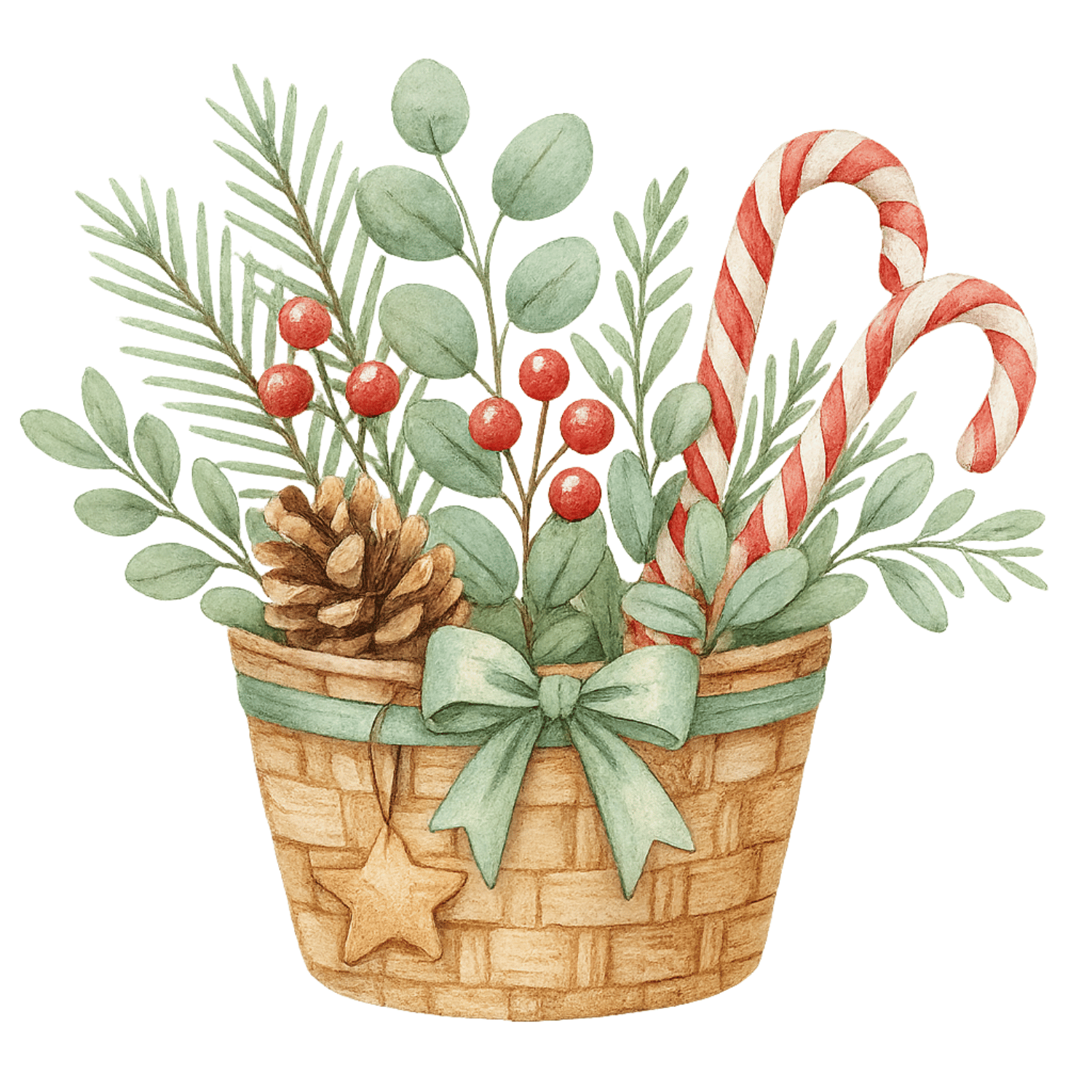 Free Watercolor Christmas Basket Clipart (PNG, 300 DPI)