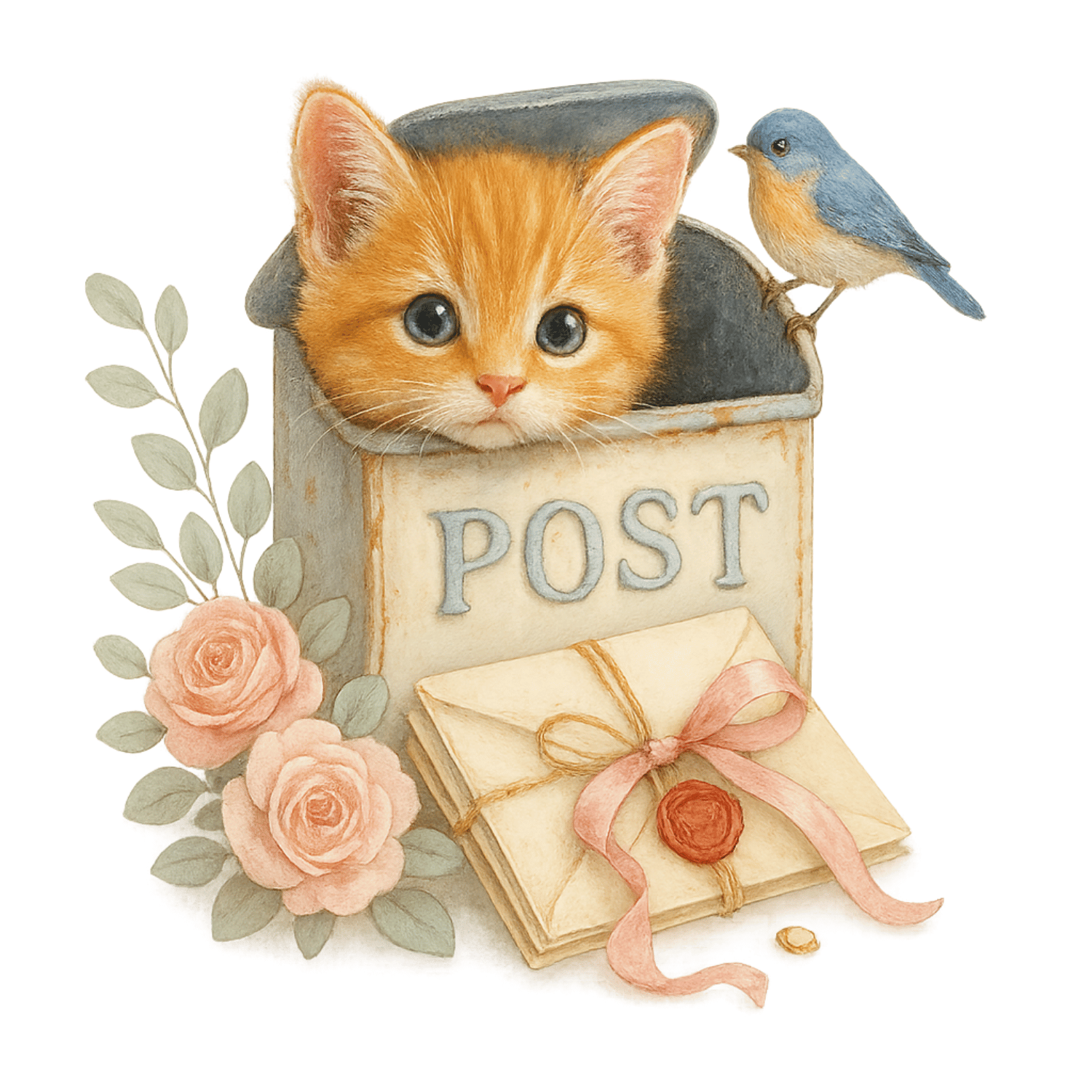 Free Watercolor Ginger Kitten in Mailbox Clipart (PNG, 300 DPI)