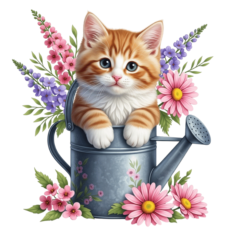 Free Watercolor Kitten in Watering Can Clipart