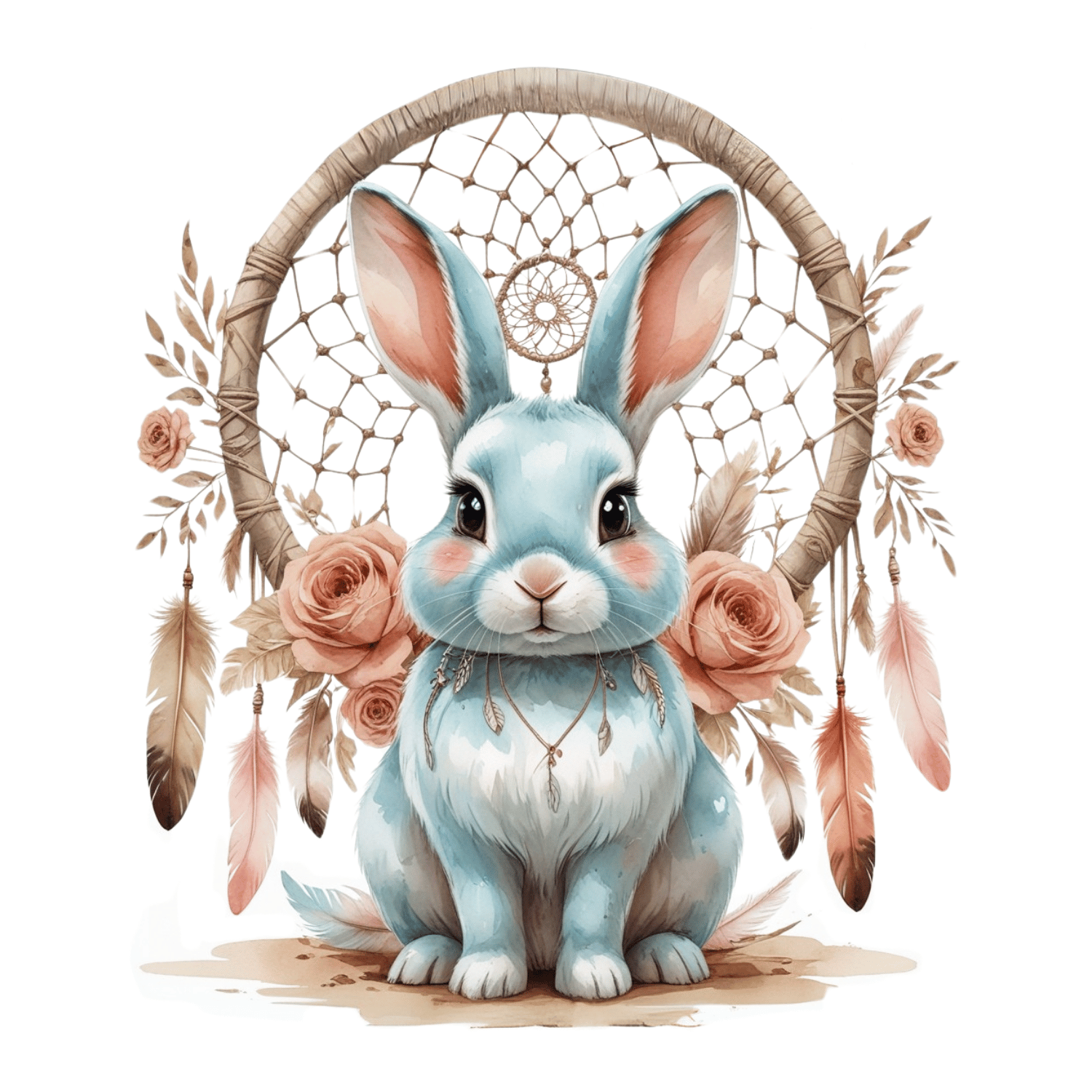 Free Boho Blue Bunny with Dreamcatcher Clipart (PNG, 300 DPI)