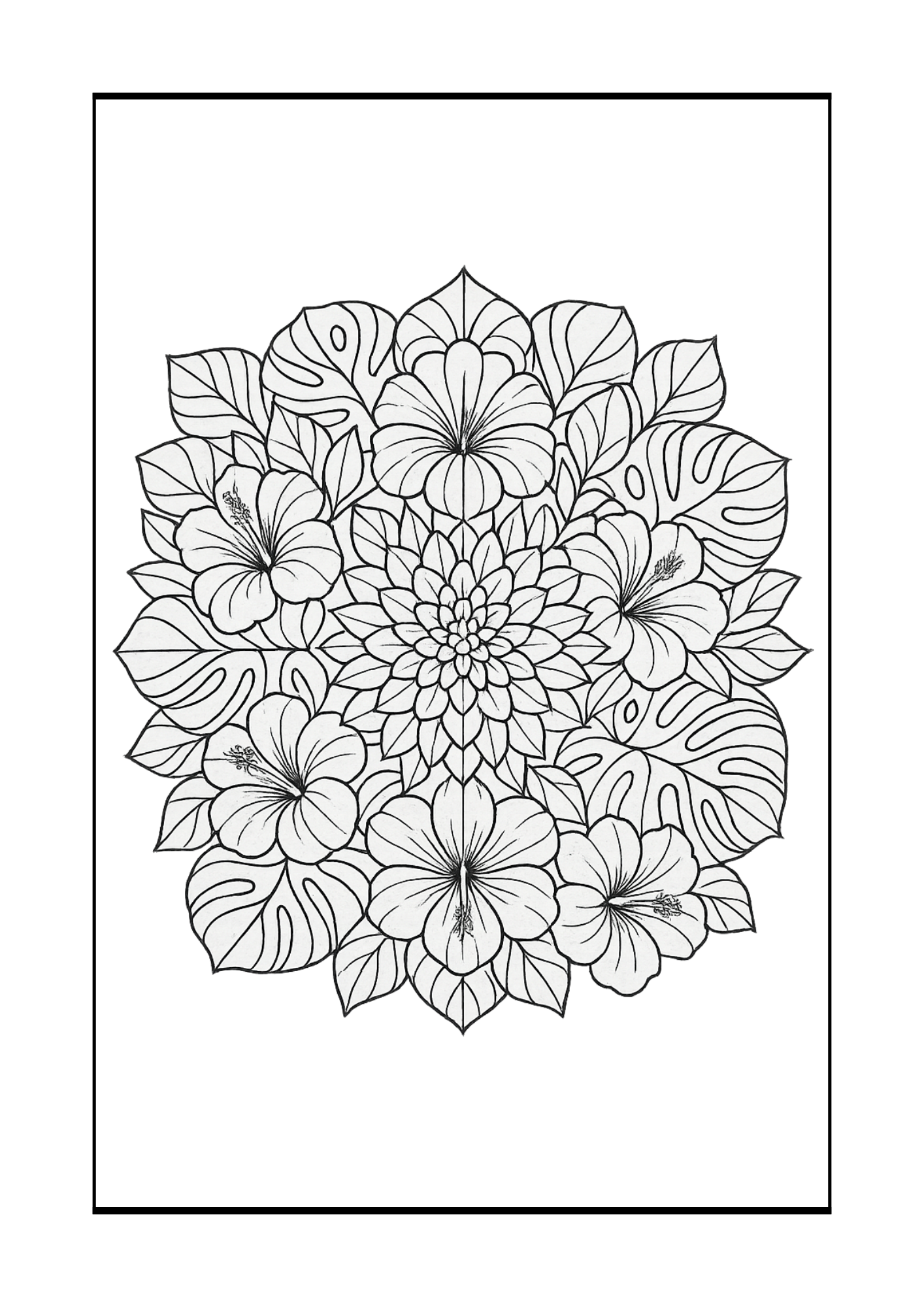 Free Tropical Hibiscus, Monstera & Dahlia Coloring Pages Set (PDF, 300 DPI)