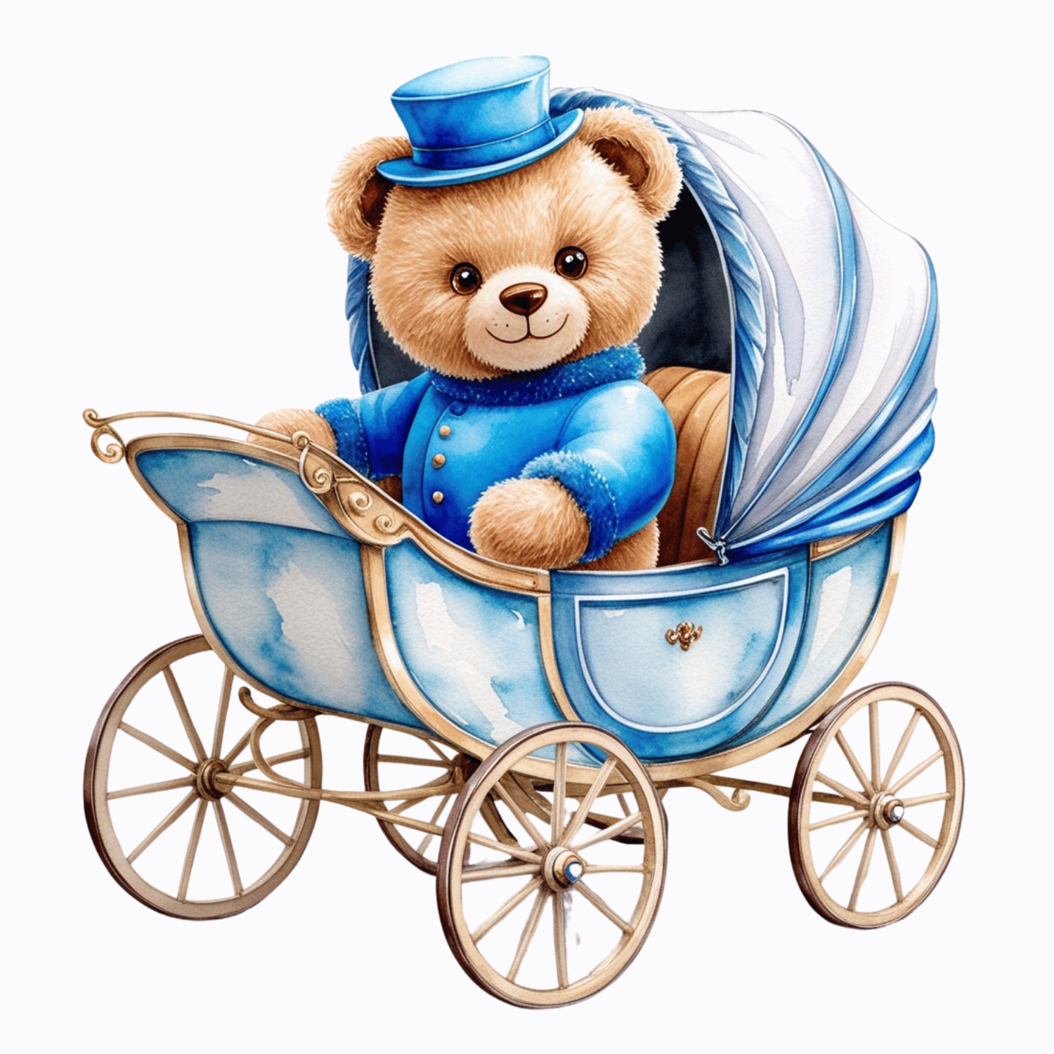 Teddy Bear in Vintage Pram – Watercolor Clipart (PNG, 300 DPI)