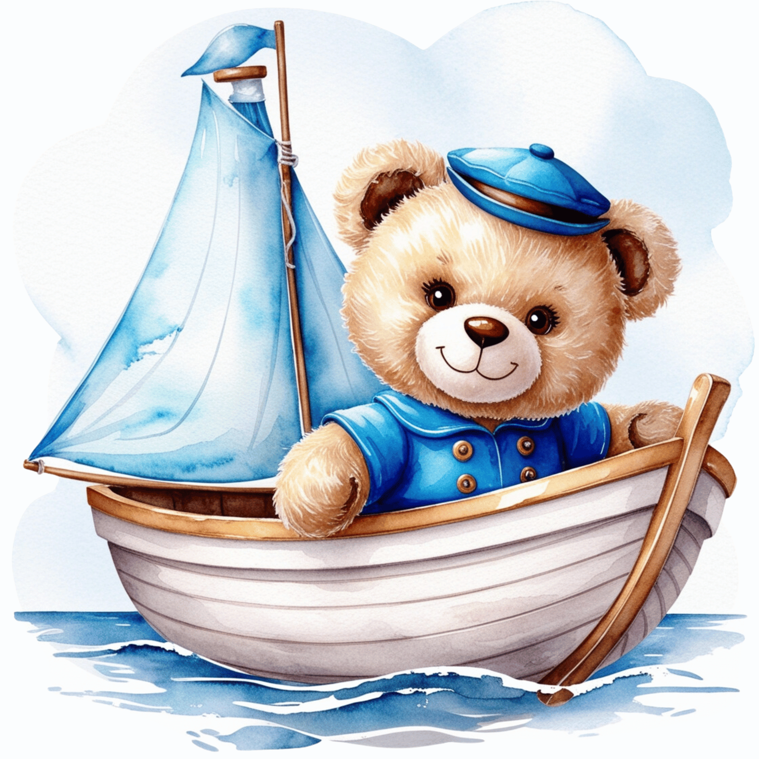 Sailor Bear in Little Boat – Watercolor Clipart (PNG, 300 DPI)