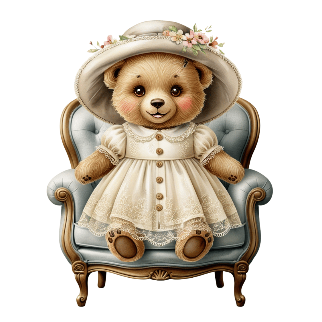 Free Vintage Teddy Bear Girl on Armchair Clipart