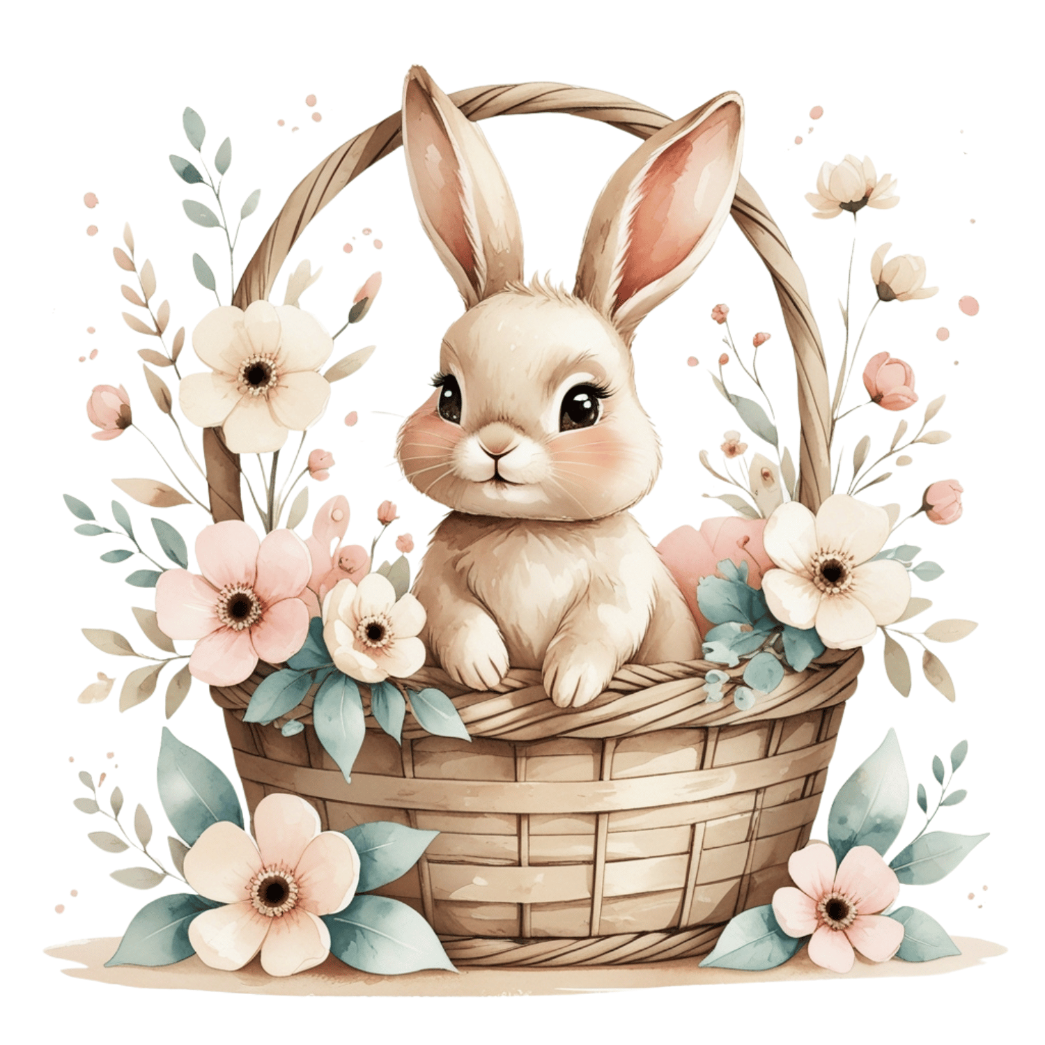 FREE Watercolor Bunny in Floral Basket Clipart