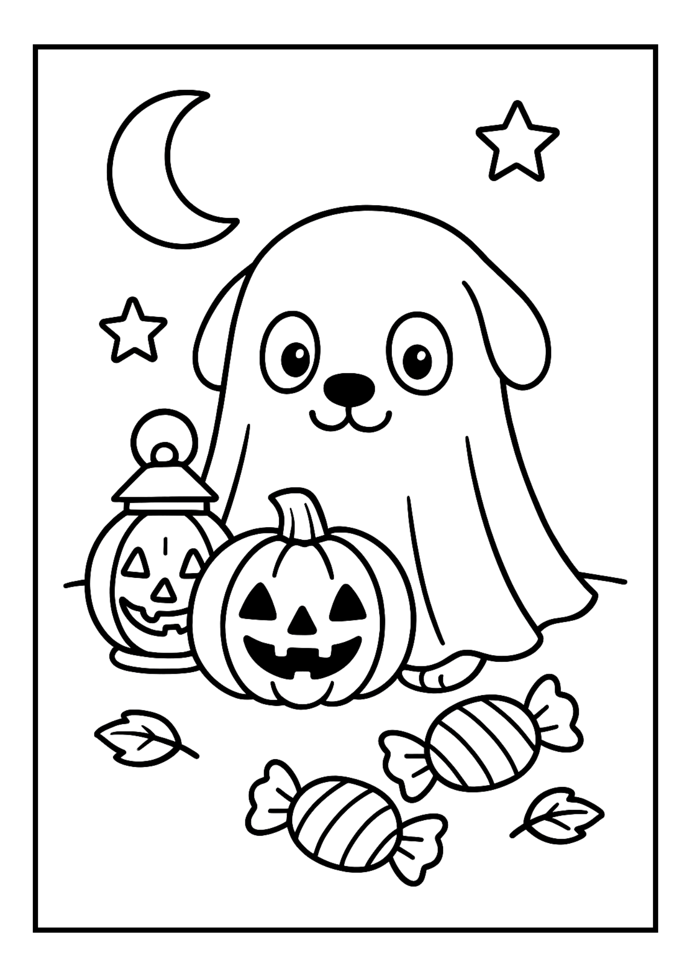 Free Halloween Puppy Coloring Pages – Cute Dog with Pumpkins (PDF, 300 DPI)