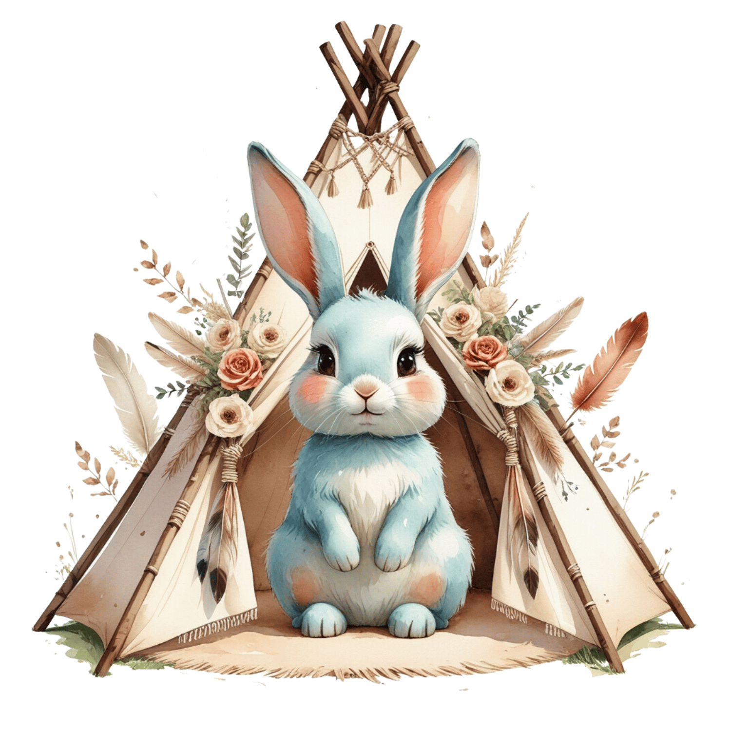 Free Boho Blue Bunny in Teepee Clipart (PNG, 300 DPI)