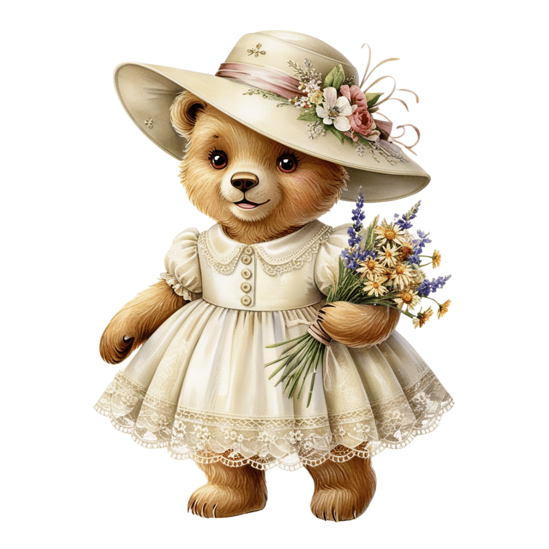 Free Vintage Teddy Bear Girl with Flowers Clipart