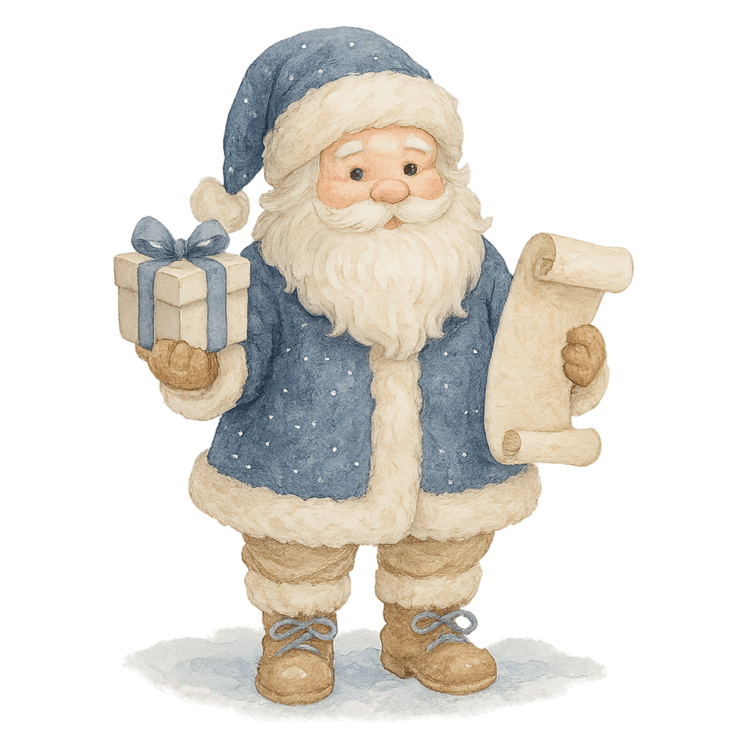 Blue Santa with Gift & Christmas List Clipart (PNG, 300 DPI) – Free Download