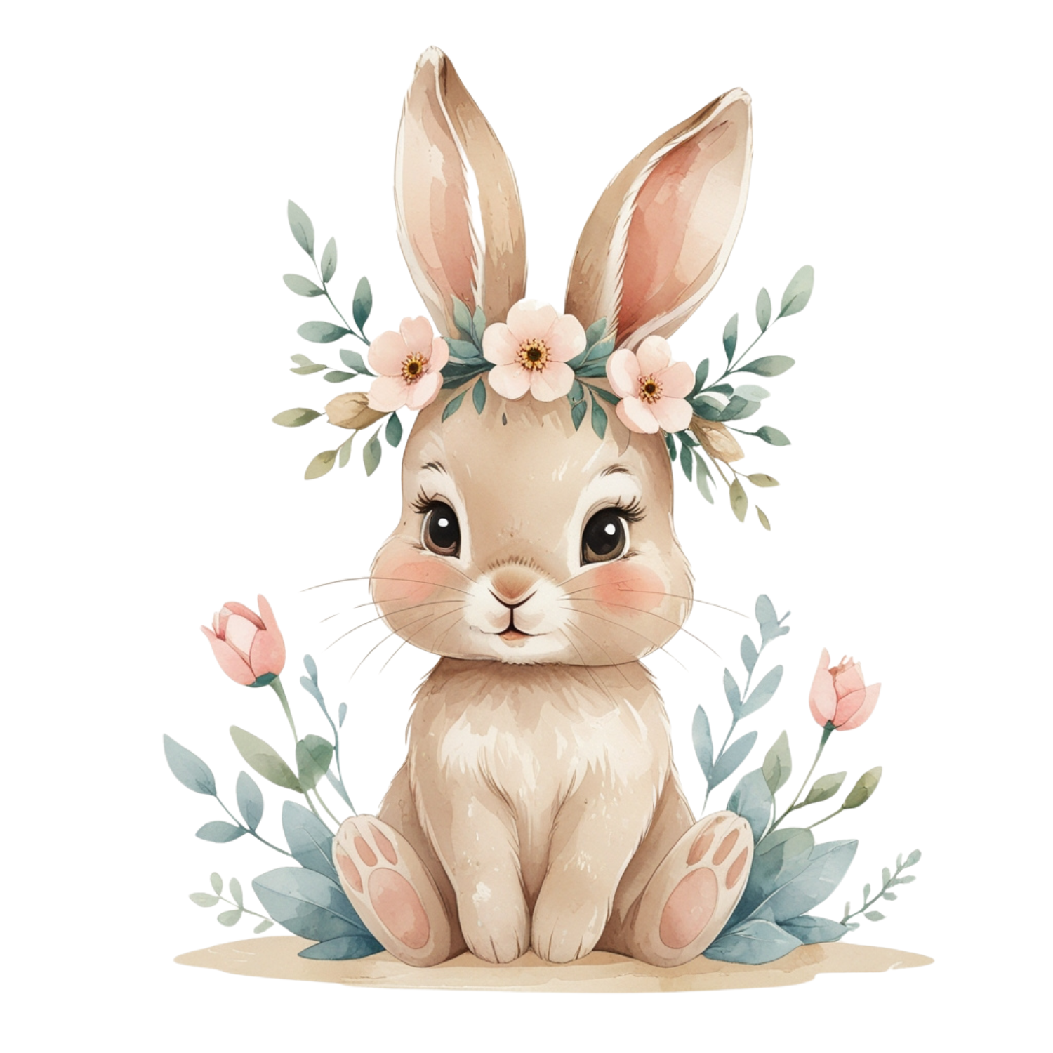 Watercolor Bunny with Floral Crown