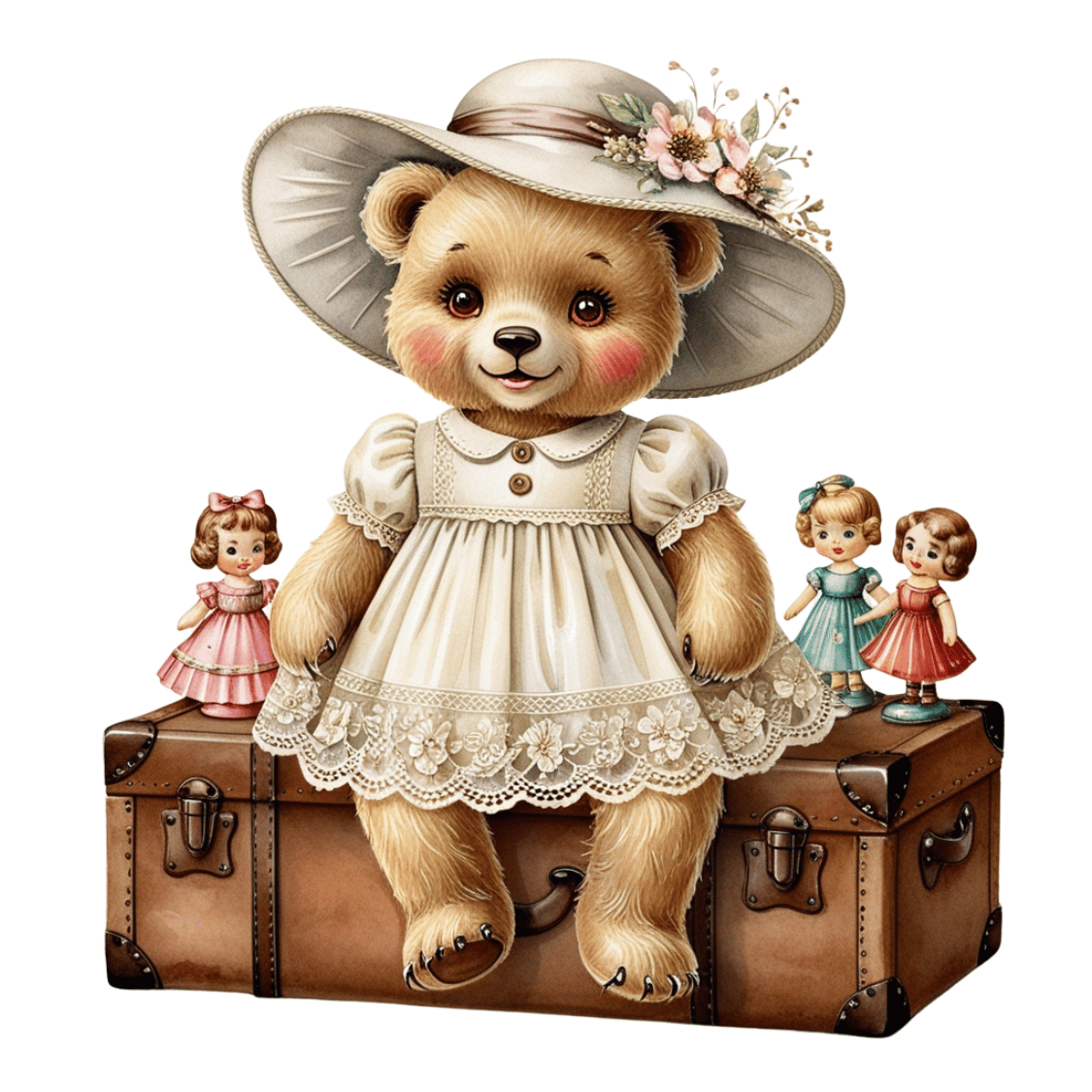 Free Vintage Teddy Bear Girl on Suitcase with Dolls Clipart