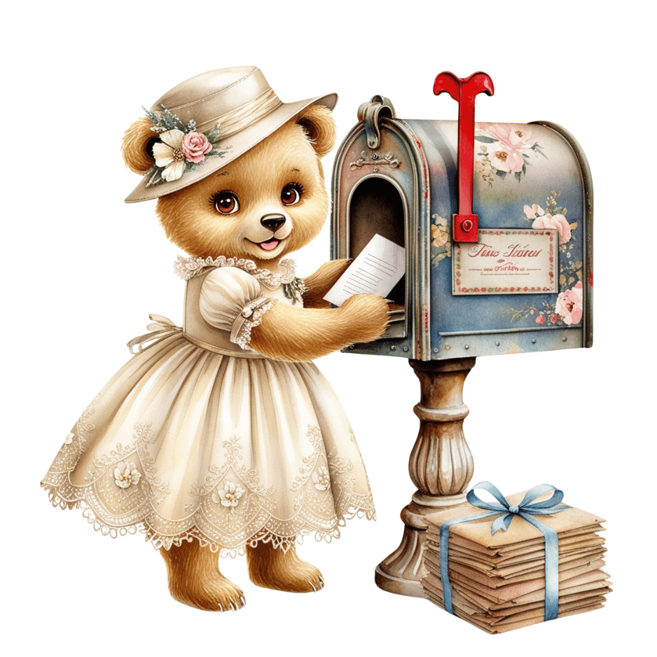 Free Vintage Teddy Bear Girl at Mailbox Clipart
